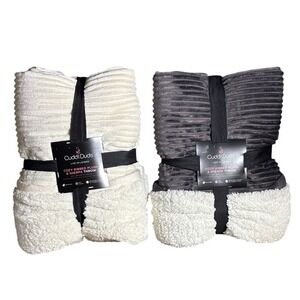 His & Her Cuddl Duds Cozy Plush Sherpa Throw Blanket: Gray & Ivory 50" x 60" NEW